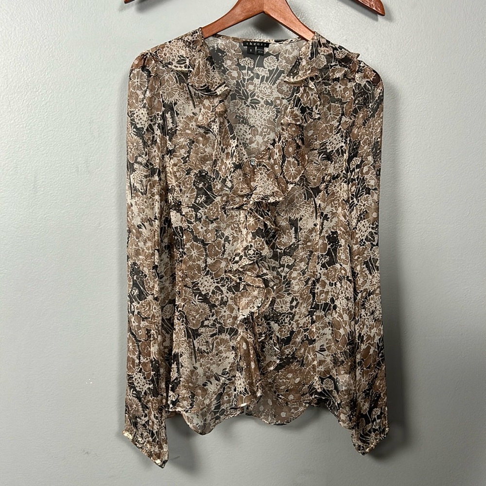 Theory Silk Floral Sheer Ruffle V- Neck Long Sleeve Top size S